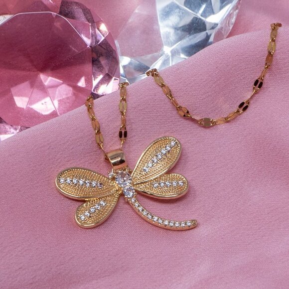 Cubic Zirconia Balloon Dragonfly Pendant Gold Plated Necklace NEW - Picture 2 of 2